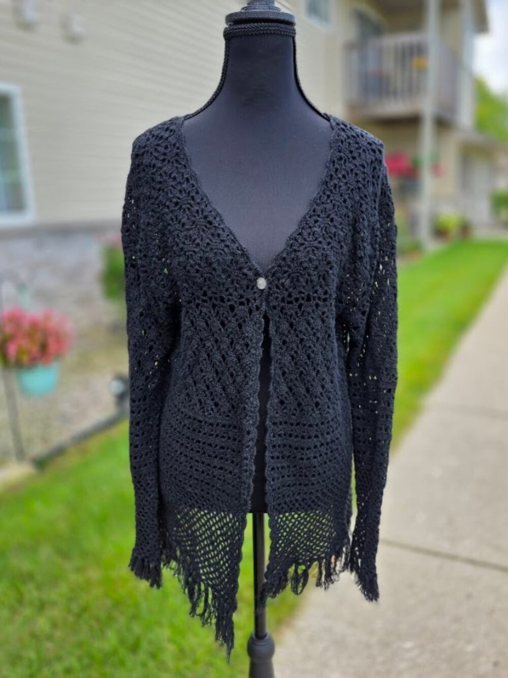 Vintage 2002 Tiara Black Crochet Cardigan M Y2K Boho Fringe